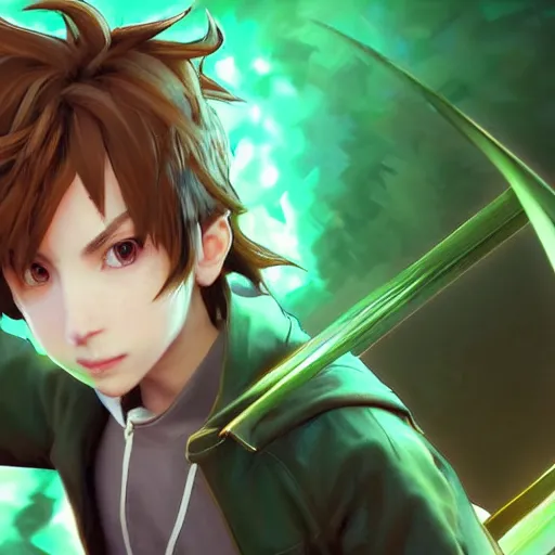 Image similar to a brown haired green eyes boy in a dynamic pose. character design. gesture drawing. line of action. official art, unreal engine 5, unreal engine. tetsuya nomura. medium shot. ray tracing hdr. 8 k. uhd. sharp focus. highly detailed. masterpiece. anime render. cinematic lighting. lifelike. symmetrical face. beautiful face