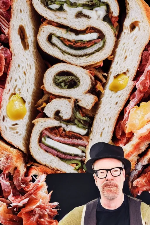 Image similar to 📷 portrait of adam savage the sandwich, made of food, still image, dynamic lighting, 4 k