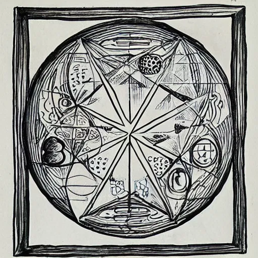 Image similar to alchemical diagram, ink on vellum