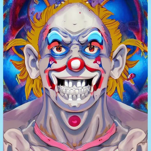 Image similar to 4K headshot of godlike clown with blue skin and defined arms and open hands and bloody clothes with giant mandala wings , intricate face , flawless anime cel animation by Kentaro Miura, psychedelic , highly detailed upper body , professionally post-processed , beautiful, scary, symmetry accurate features, epic, octane rendered, anime masterpiece, accurate