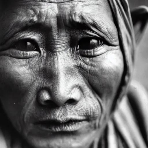 Prompt: ultra realistic vintage photo portrait of a tibetan man with hole spirals in the eyes, by Annie Leibovitz,