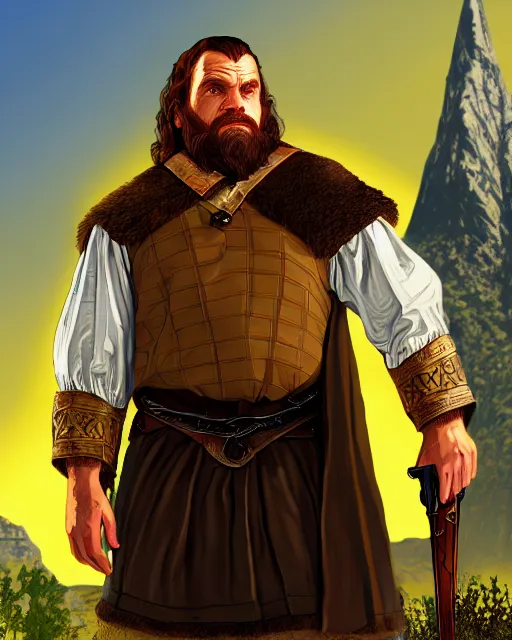 Image similar to Gimli from Lord of the rings in GTA V, Cover art by Stephen Bliss, boxart, loading screen, 8K resolution