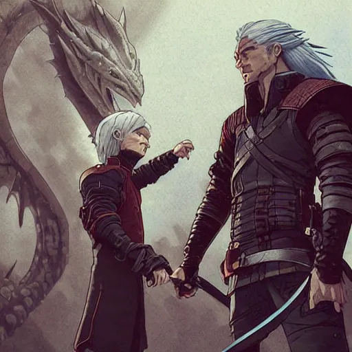 Prompt: precisely drawn illustration of anime geralt of rivia talking to smaug the dragon, wide angle, sharp, fine details, anime, manga, cyberpunk, realistic shaded lighting by katsuhiro otomo ghost-in-the-shell, magali villeneuve, artgerm, rutkowski, Jeremy Lipkin and Giuseppe Dangelico Pino and Michael Garmash and Rob Rey