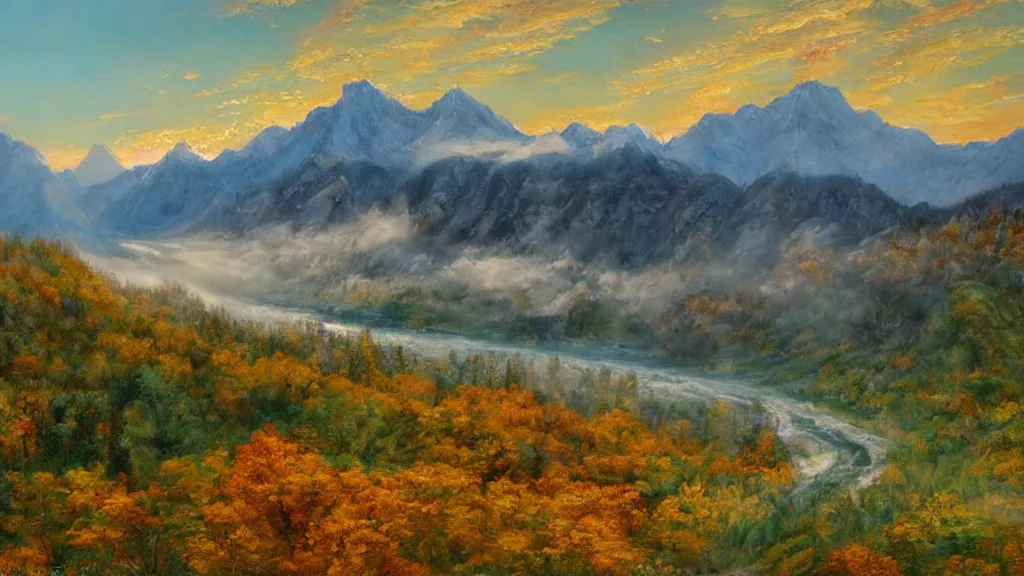 Image similar to The most beautiful panoramic landscape, oil painting, where the mountains are towering over the valley below their peaks shrouded in mist, the sun is just peeking over the horizon producing an awesome flare and the sky is ablaze with warm colors and stratus clouds. A giant dreamy waterfall creates a river, it is winding its way through the valley and the trees are starting to bloom in pink colors, by Greg Rutkowski, aerial view