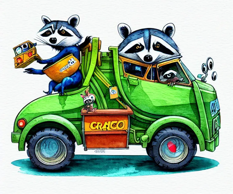 Image similar to cute and funny, racoon wearing goggles driving a tiny garbage truck, ratfink style by ed roth, centered award winning watercolor pen illustration, isometric illustration by chihiro iwasaki, edited by craola, tiny details by artgerm and watercolor girl, symmetrically isometrically centered
