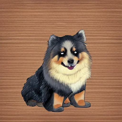 Image similar to excited brown and tan domino finnish lapphund, studio ghibli art style