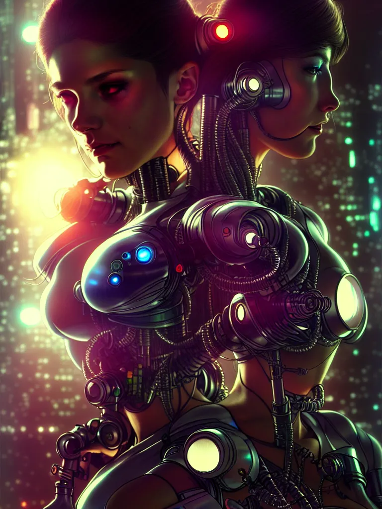 Prompt: ultra realistic, beautiful female cyborg, in a crowded smoky cyberpunk club, in space metropolis, portrait, sci-fi, intricate details, eerie, highly detailed, octane render, 8k, art by artgerm and alphonse mucha and moebius
