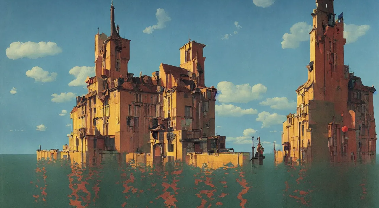 Prompt: single flooded tower, very coherent and colorful high contrast!! painting by rene magritte simon stalenhag carl spitzweg syd mead norman rockwell edward hopper james gilleard, dark shadows, sunny day, hard lighting, masterpiece
