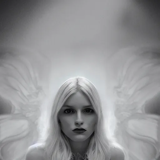 Image similar to very pretty blond female angel with huge wings in a dark cave, perfect symmetrical face, shallow depth of field, moody lighting, single point of light, 8 k, cultural realistic, in the style of martina fackova,