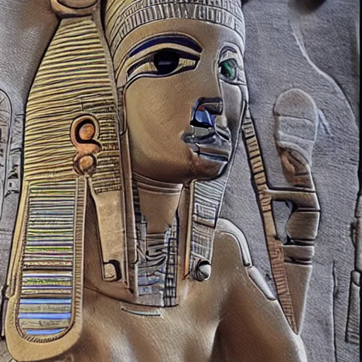 Prompt: the annunaki returned to egypt wearing space suits with egyptian pharaoh head - dresses and breathing hoses that look like elephant trunks - photo, close - up, alien - looking, cyborg, detailed, photo - realism