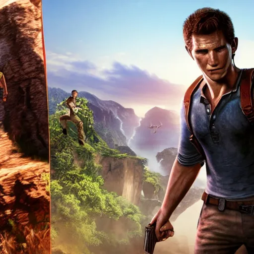 Image similar to tom holland as nathan drake from uncharted, cinematic lightning