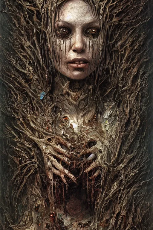 Image similar to very complex hyper-maximalist overdetailed cinematic darkfantasy portrait of a rotting bog mummy by andrei riabovitchev, tomasz alen kopera, oleksandra shchaslyva. Omnious intricate, octane, Deviantart, hyper detailed illustration, 8k