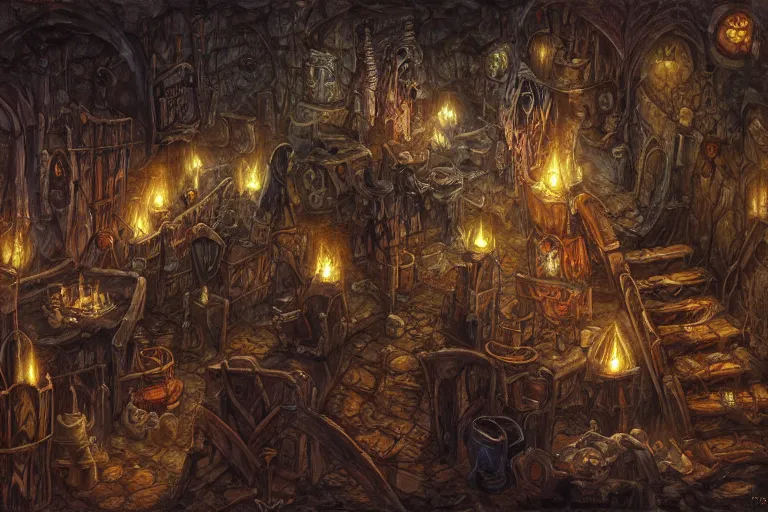 Prompt: Planescape Torment, inside the smoldering corpse bar, clean oil painting by thomas rocha