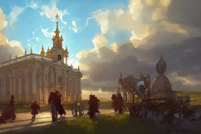 Image similar to an mobile ornate baroque church on chain wheels, scene in an open field. key visual, conceptart, ambient lighting, highly detailed, digital painting, artstation, concept art, sharp focus, by makoto shinkai and akihiko yoshida and greg manchess