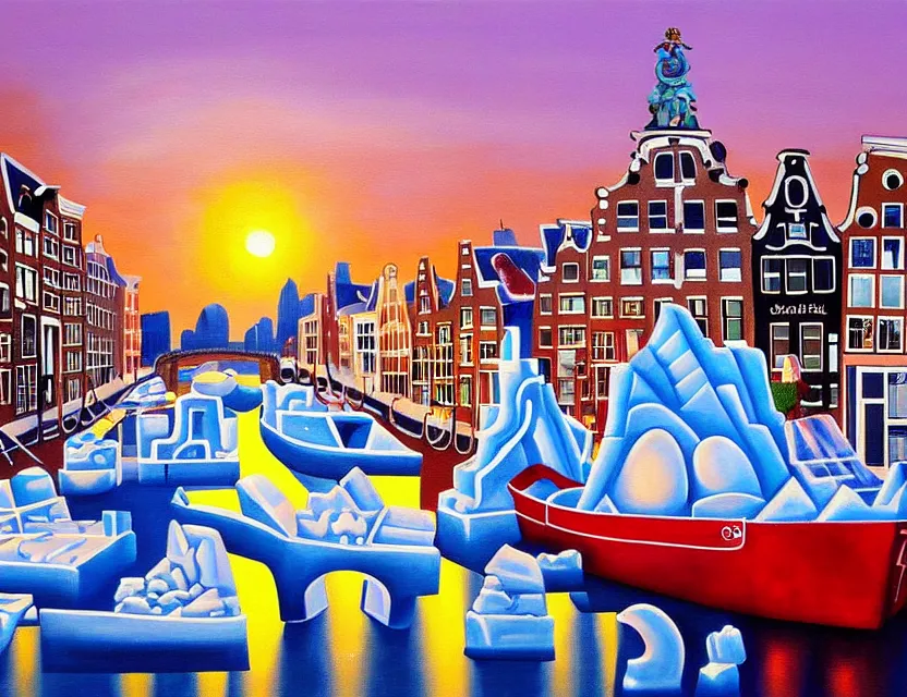 Prompt: a painting of a ice sculpture made of melting icecream in the shape of the skyline of amsterdam canals with boats and amsterdam houses on a very sunny bright summer sunset day, very hot and the ice is melting fast and people are swimming in the icecream in the style of james jean and fernando botero