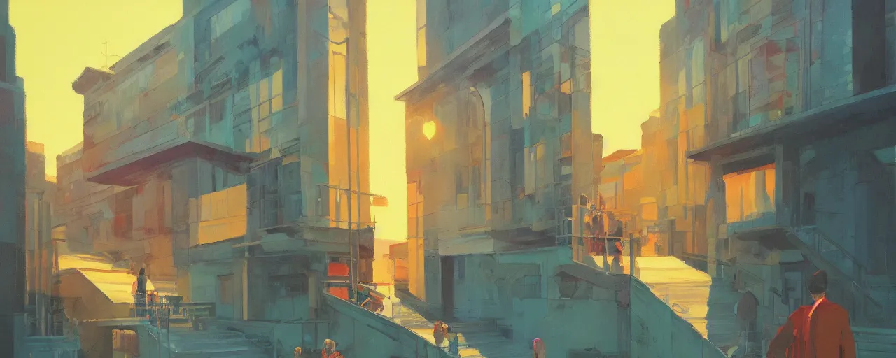 Image similar to A simplistic oilpainting of neo brutralism, a long stairway up, concept art, colorful, vivid colors, sunrise, warm colors, light, strong shadows, reflections, cinematic, 3D, in the style of Akihiko Yoshida and Edward Hopper