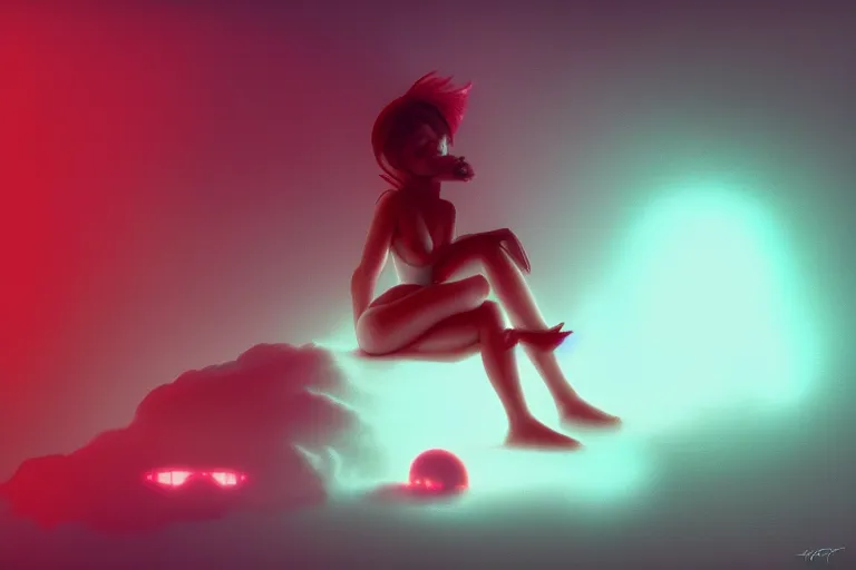 Prompt: a cute alien girl sitting on a cloud relaxing, misty, glows, digital painting, hazy, foggy, red lighting, ambient lighting, 8 k, neon, synthwave, cyberpunk,