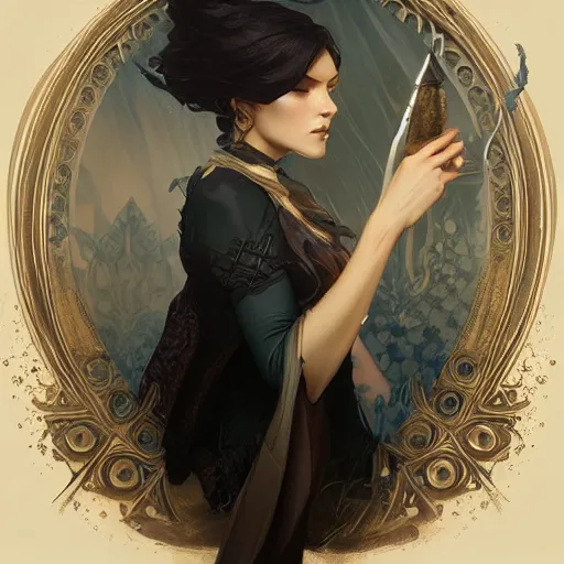 Image similar to A witch, D&D, intricate, elegant, highly detailed, digital painting, artstation, concept art, matte, sharp focus, illustration, art by Artgerm and Greg Rutkowski and Alphonse Mucha]