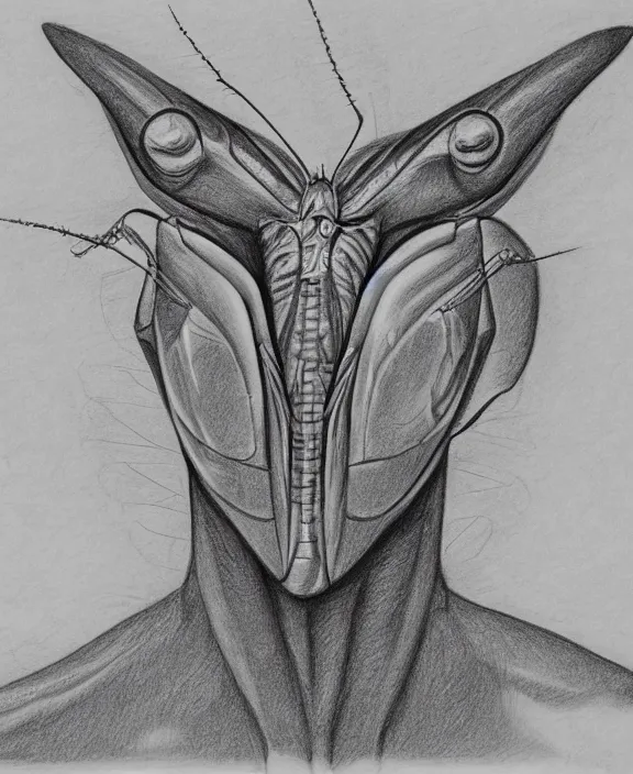 Prompt: a pencil drawing portrait of a cyborg praying mantis facing the camera