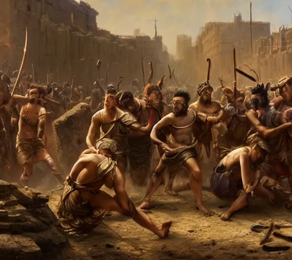 Prompt: an epic matte painting of podcasters, podcasters and YouTube streamers and TikTok stars fighting in the streets of an ancient during the bronze age collapse, soft lighting, very coherent, oil on canvas in the style of John grimshaw,