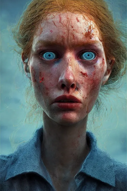 Image similar to outer body projection of beautiful woman, blue eyes, angry look, messy ginger hair, 4 k, cinematic lighting, hdr, highly detailed, ultra fine detail, photoreal, sharp focus, art by zdislav beksinski, rendered in octane, raytraced