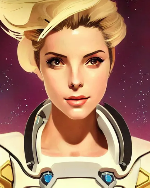 Image similar to mercy from overwatch, ashley greene's face combined with grace kelly's face, in space, character portrait, portrait, close up, concept art, intricate details, highly detailed, vintage sci - fi poster, retro future, vintage sci - fi art, vintage, in the style of chris foss, rodger dean, moebius, michael whelan, and gustave dore