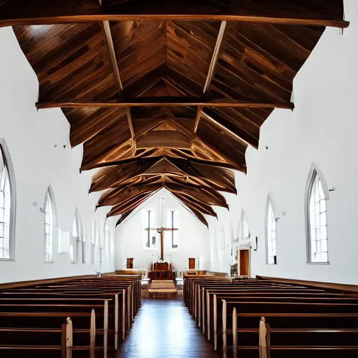 Image similar to a Church interior with white walls and wood floor