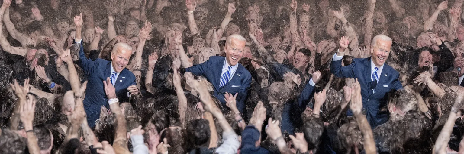 Prompt: photograph of several clones of joe biden raving in a muddy mosh pit