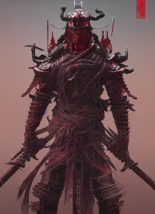 Image similar to Demon Samurai, in the style of Fenghua Zhong and Ruan Jia and Wayne Barlowe and Zdzislaw Beksinski and Giger, 8k, extremly detailed, stunning scene, raytracing, octane, trending on artstation