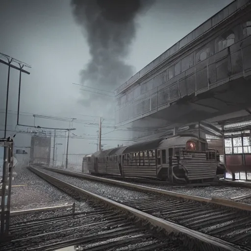 Image similar to locomotive arriving to train station in a horror city. black metal. nightmarish, horrific, scary, atmospheric, epic scene, unreal engine render, octane render