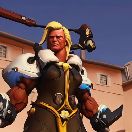 Image similar to a screenshot of arnold schwarzenegger as mercy in overwatch