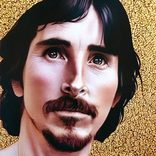 Prompt: “ christian bale portrait by ikenaga yasunari and ayana otake and ko rakusui, 6 0 s poster, drawing, realistic, sharp focus, japanese, dreamy, nostalgia, faded, golden hues, floral clothes, porcelain skin ”