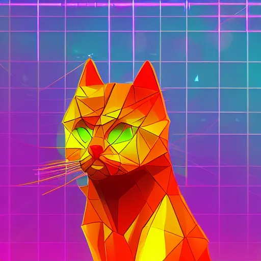 Image similar to high quality photo of cat, digital art, polygonal art, cyberpunk, synthwave