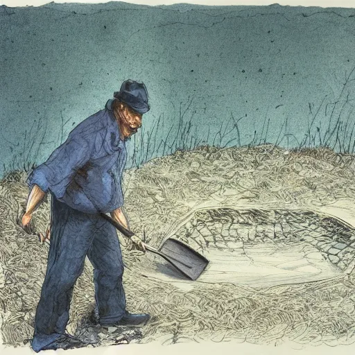 Prompt: a man with a shovel standing next to an open grave with a body in it, subtle blue, orange, and dark green tones, high quality, high detail, dark colors, sinister atmosphere, dramatic lighting, cinematic, establishing shot, extremely high detail, photo realistic, cinematic lighting, pen and ink, intricate line drawings, by Yoshitaka Amano, Ruan Jia, Kentaro Miura, Artgerm, post processed, concept art, artstation, matte painting, style by eddie mendoza, raphael lacoste, alex ross