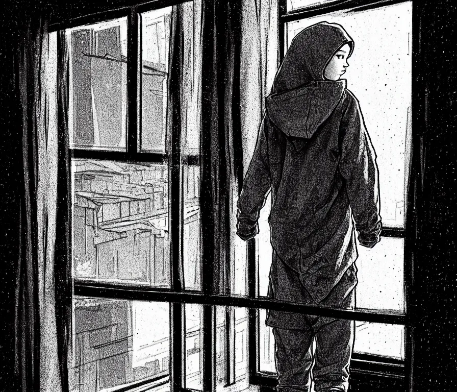 Prompt: sadie sink in hoodie, knees tucked in, on windowsill | rain falls at night : b & w storyboard drawing, scifi cyberpunk. by gabriel hardman, joe alves, chris bonura. cinematic atmosphere, detailed and intricate, perfect anatomy