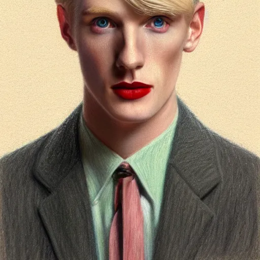 Prompt: A color pencil drawing portrait of a blond young Irish man with high cheekbones. Good bone structure. Dressed in 1940s style. Highly detailed, fine Art, high detail, great lighting, 8k resolution, masterpiece, concept art, illustration, clear eyes, painting oil on canvas, octane render, HDR, trending on artstation, 4k, 8k, HD