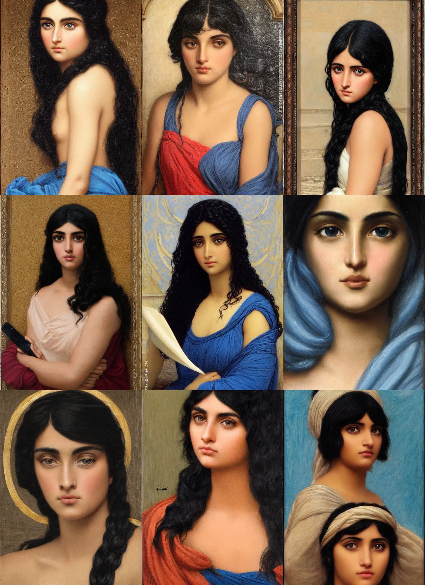 Prompt: tanned ameera al taweel, blue eyes, wavy black hair, serious, beautiful by john william godward