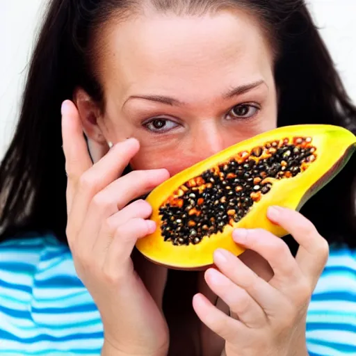 Prompt: a woman with bugs for fingers eats papaya