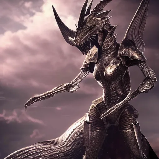 Prompt: highly detailed realistic stunning shot of a beautiful hot anthropomorphic female dragon knight, doing a majestic and elegant pose, armor made of steel, sharp claws and tail that extends out, two wings on her back, HD octane render, epic cinematography, fantasy, Artstation, Deviantart, Furaffinity