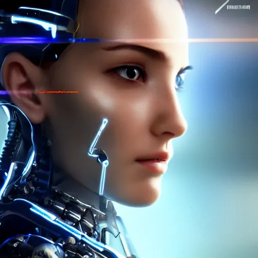 Image similar to cute cyborg young woman with a beautiful face and translucent mechanical body. cool action pose in a sci - fi blockbuster. 4 k extreme detail movie poster.