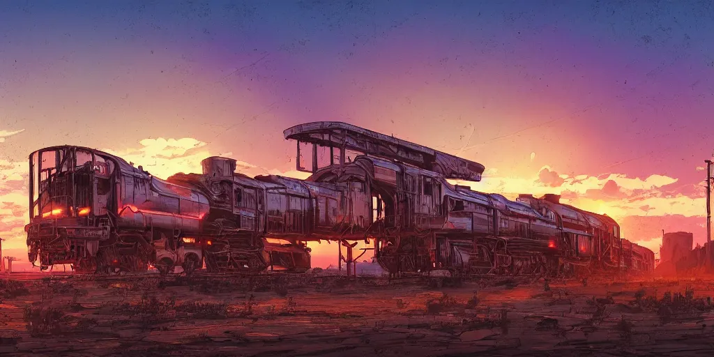 Prompt: train station roadside old west saloon cyber punk post apocalyptic cactus graveyard sunset sky clouds illustration by syd mead artstation 4 k 8 k graphic novel concept art matte painting