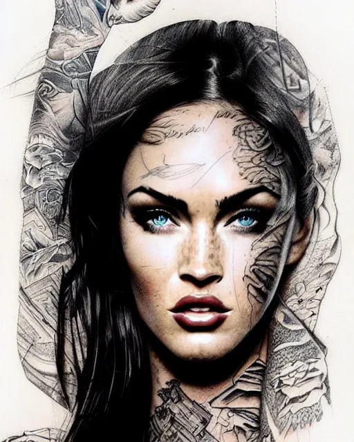 Image similar to double exposure portrait of megan fox with a mountain background, tattoo design sketch, in the style of matteo pasqualin, amazing detail, sharp