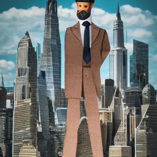 Prompt: a giant caucasian man dressed very elegantly standing on a miniature city