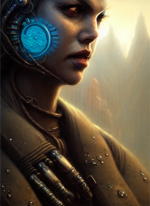 Image similar to closeup portrait shot of a cyberpunk warrior in a scenic dystopian environment, intricate, elegant, highly detailed, centered, digital painting, artstation, concept art, smooth, sharp focus, illustration, artgerm, tomasz alen kopera, peter mohrbacher, donato giancola, joseph christian leyendecker, wlop, boris vallejo