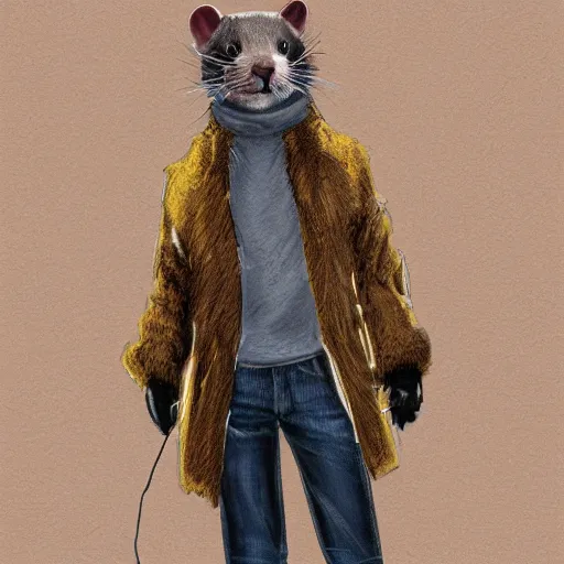 Image similar to ferret furry guy, digital art high quality, jacket