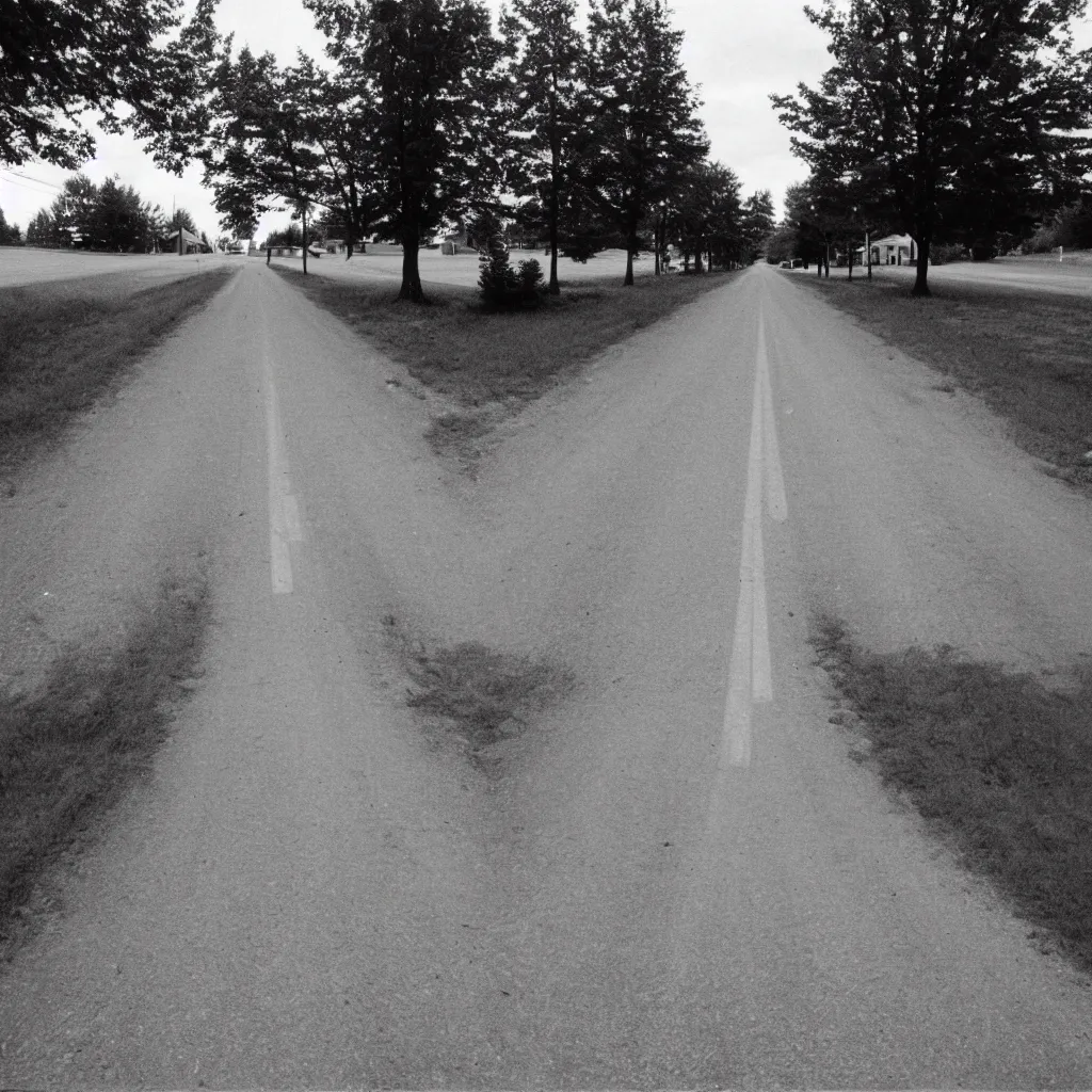 Image similar to A disposable camera picture of an empty street in a small Canadian farm town , Kodak Fling 200, 1983