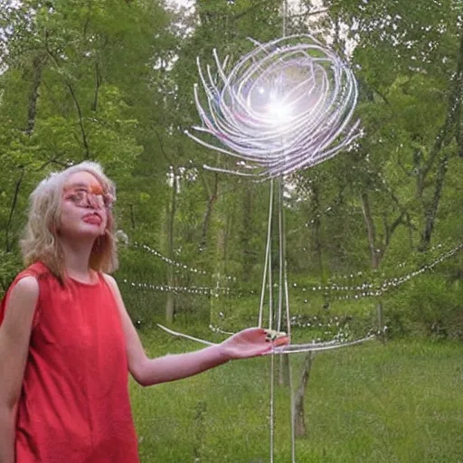 Image similar to A installation art. A rip in spacetime. Did this device in her hand open a portal to another dimension or reality?! by Bruce Munro, by John Martin realist