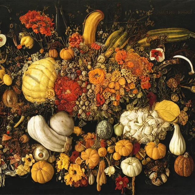 Prompt: victorian thanksgiving feast, flowers and gourds, black background, still life by giuseppe arcimboldo, vanitas, intricate high detail masterpiece