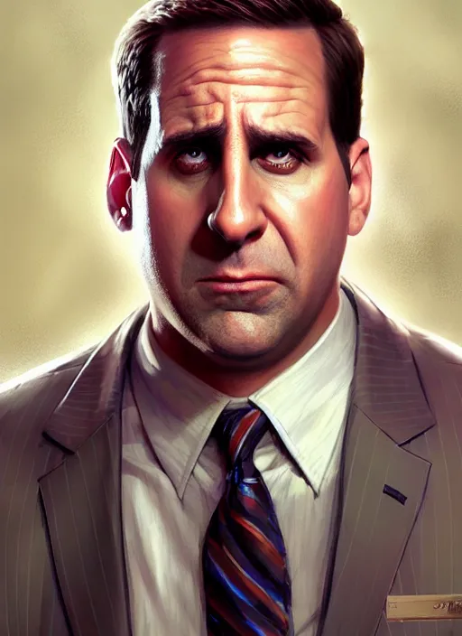 Prompt: highly detailed portrait of prison mike, michael scott, the office, steve carell, realistic, fantasy art by greg rutkowski, stanley artgerm, loish, rhads, tom bagshaw, global illumination, radiant light, detailed and intricate environment