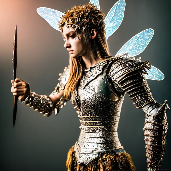 Image similar to full body photo of a fairy warrior wearing sparkly armour, highly detailed, 4 k, hdr, smooth, sharp focus, high resolution, award - winning photo